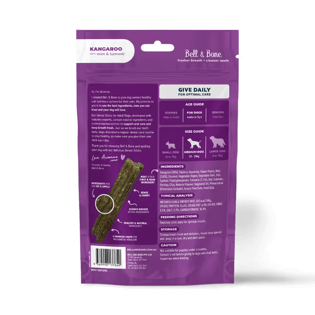 Bell & Bone Dental Sticks Kangaroo, Mint and Turmeric Dog Treat 7 Pack packaging label
