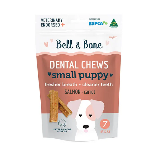 Bell & Bone Salmon Dental Chew Puppy Treat Small 7 Pack front