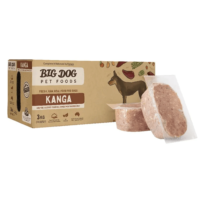 big dog single protein kangaroo raw dog food 3kg meat patty display