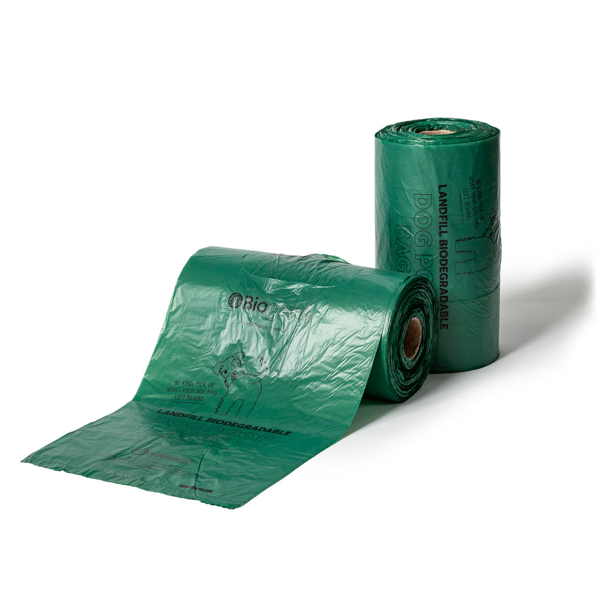 Biogone landfill-biodegradable green dog waste bag rolls with handles, wide-mouth dispenser roll