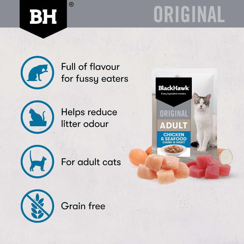 Black Hawk Chicken and Seafood Gravy Adult Wet Cat Food features