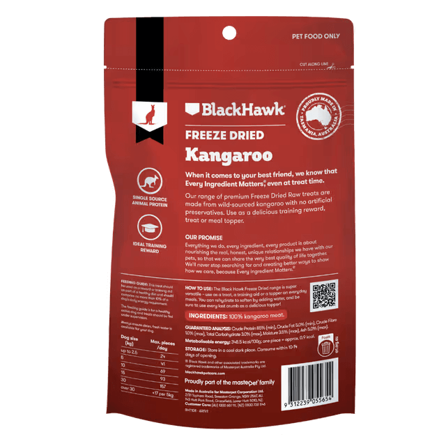 Black Hawk Freeze Dried Kangaroo Dog Treats 40G information label