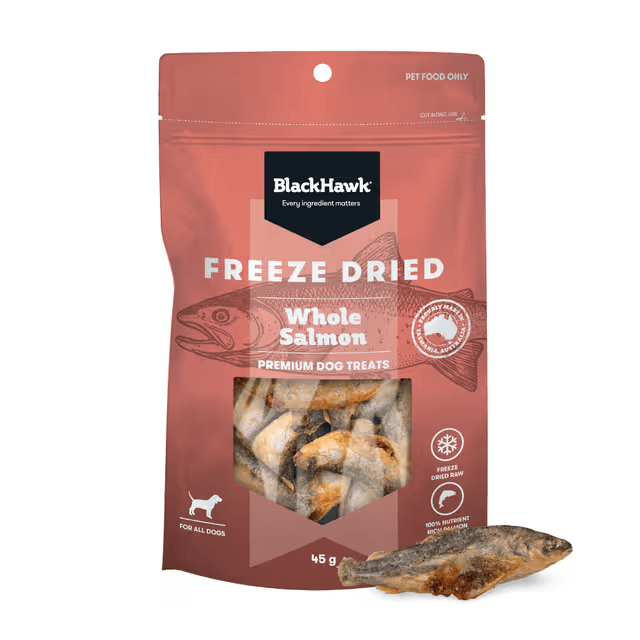 Black Hawk Freeze Dried Whole Salmon Dog Treats food display