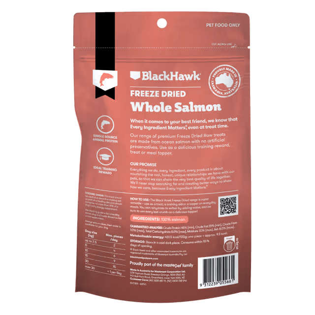 Black Hawk Freeze Dried Whole Salmon Dog Treats label information