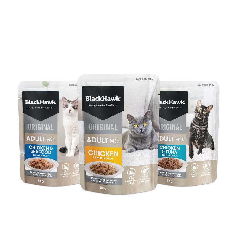 Black Hawk Varity Pack Gravy Wet Adult Cat Food three different flavours display