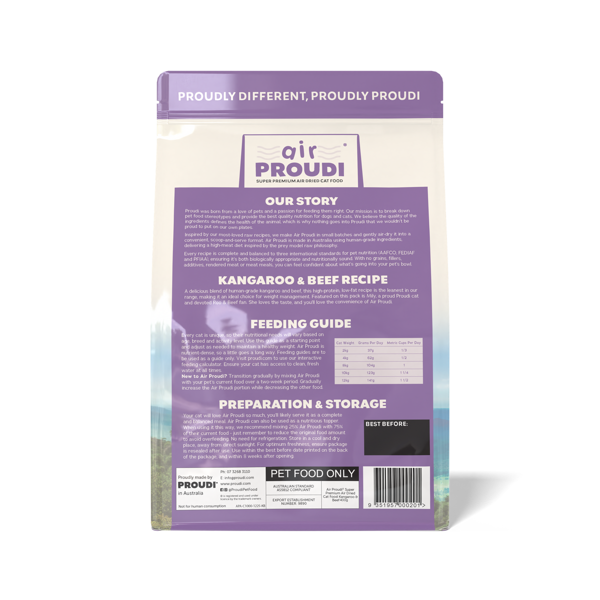 Air Proudi Kangaroo & Beef air dried cat food 400 g bag, back with recipe, feeding guide and storage information