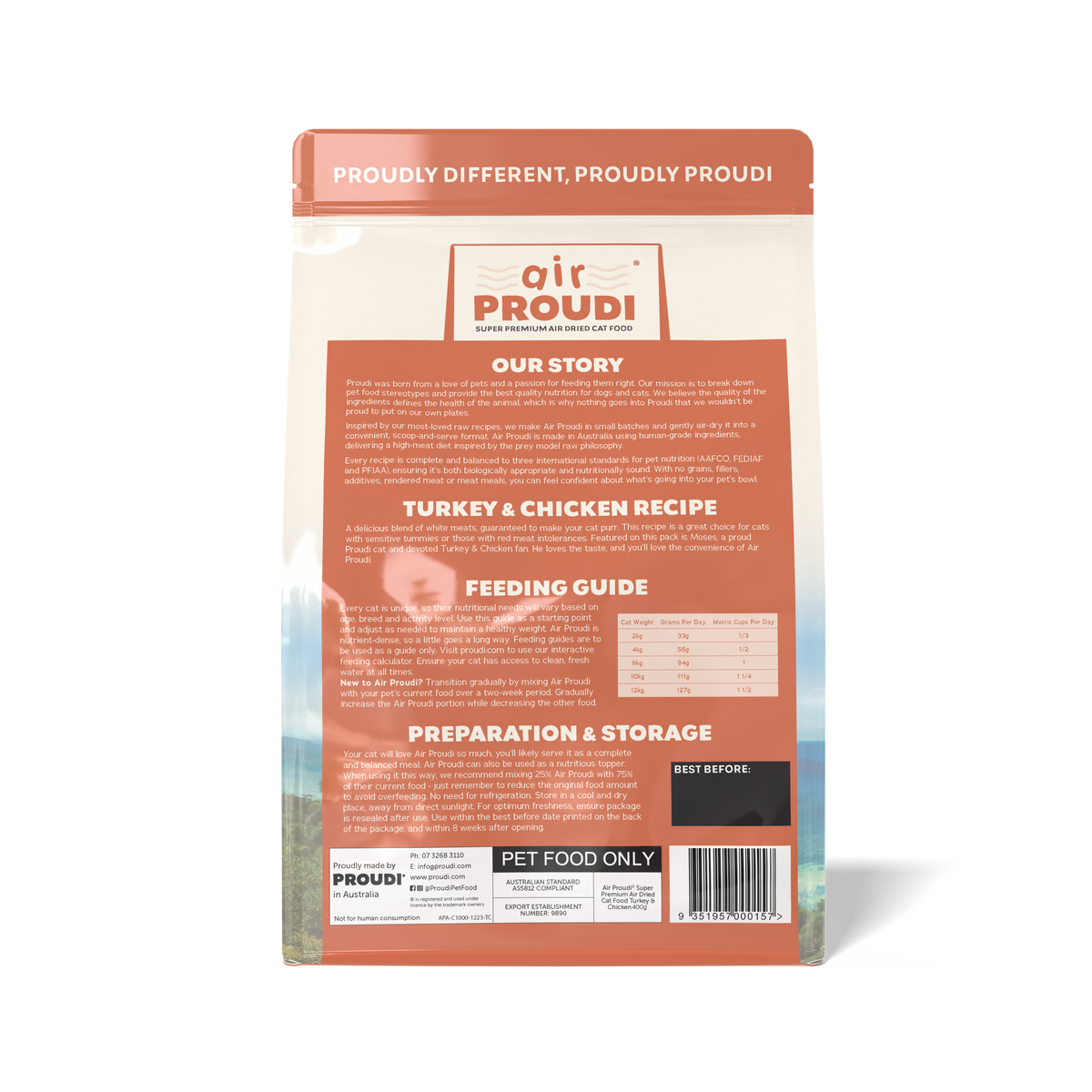 Air Proudi Turkey & Chicken air dried cat food 400 g bag, back with recipe, feeding guide and storage information