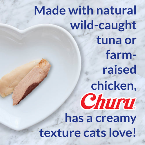 INABA Churu creamy purée squeezed from the tube, made with wild-caught tuna or farm-raised chicken