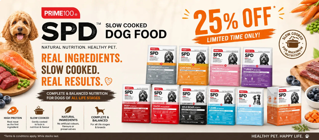 SPD dog food packaging with promotional text on a white background