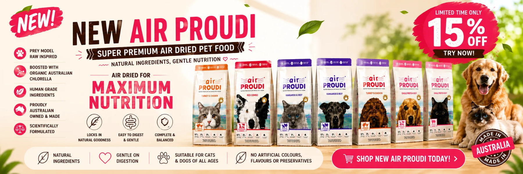 Promotional banner for Air Proudi pet food with product packaging and a dog on a green background.