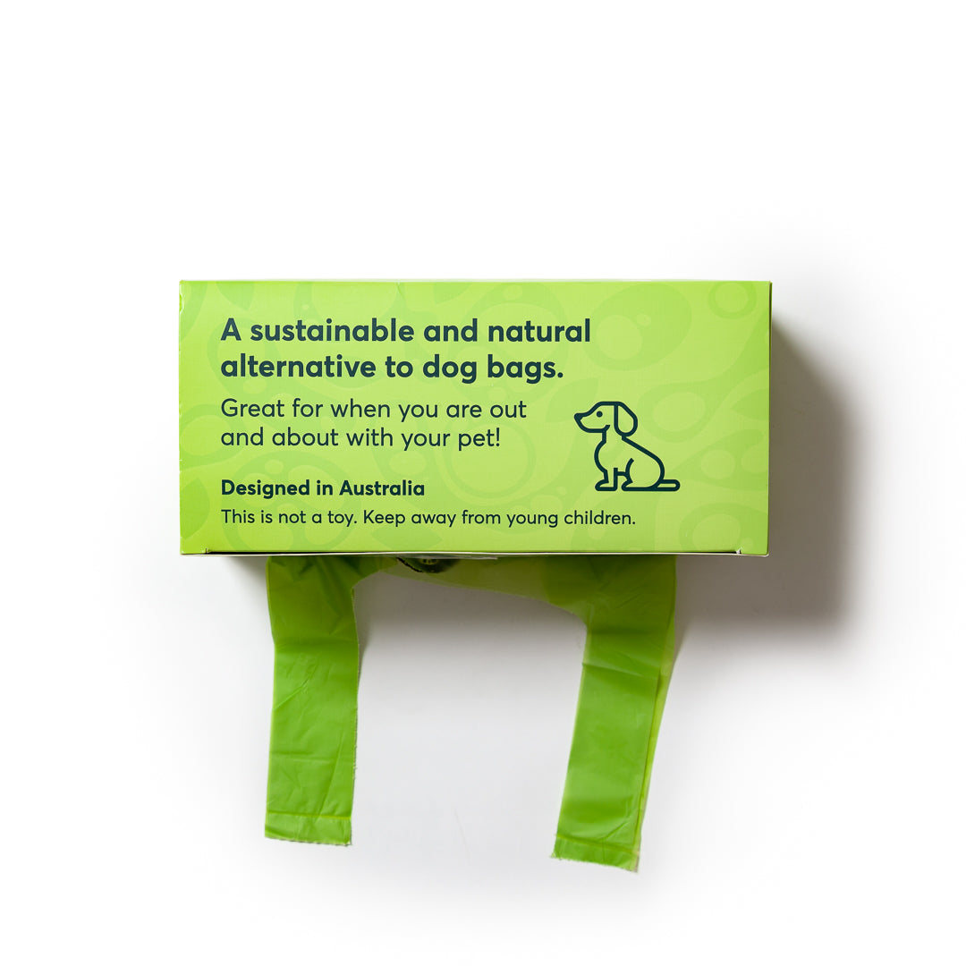 Biogone home compostable dog bag box dispensing bags with handles, designed in Australia