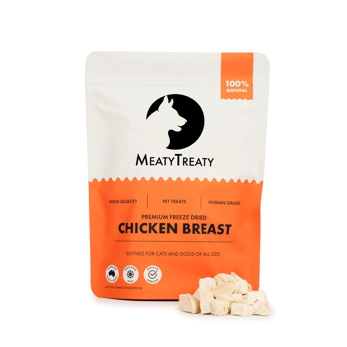 Meaty Treaty freeze-dried chicken breast 100 g pack front with treats