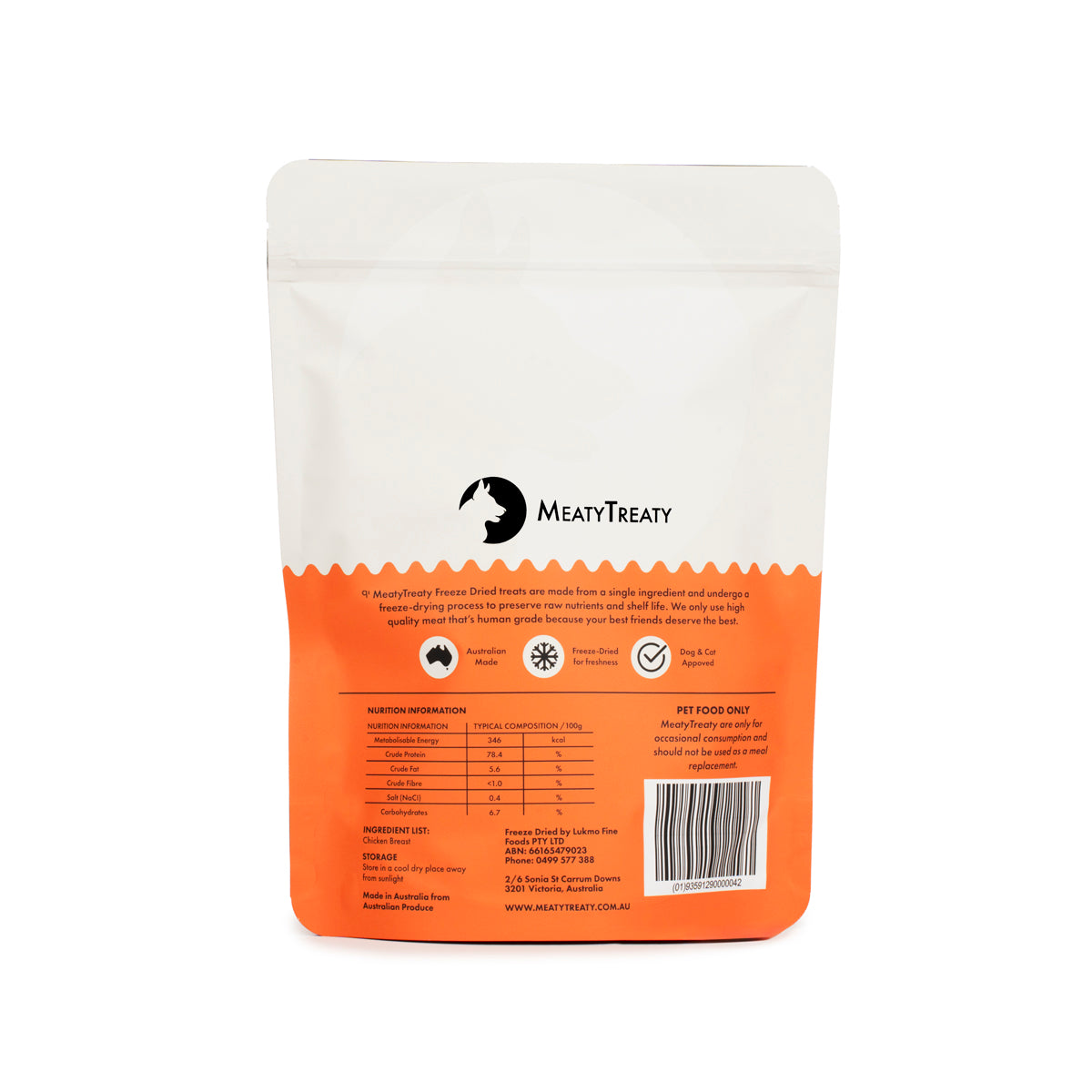 Meaty Treaty freeze-dried chicken breast 100 g pack back with nutrition information and ingredients