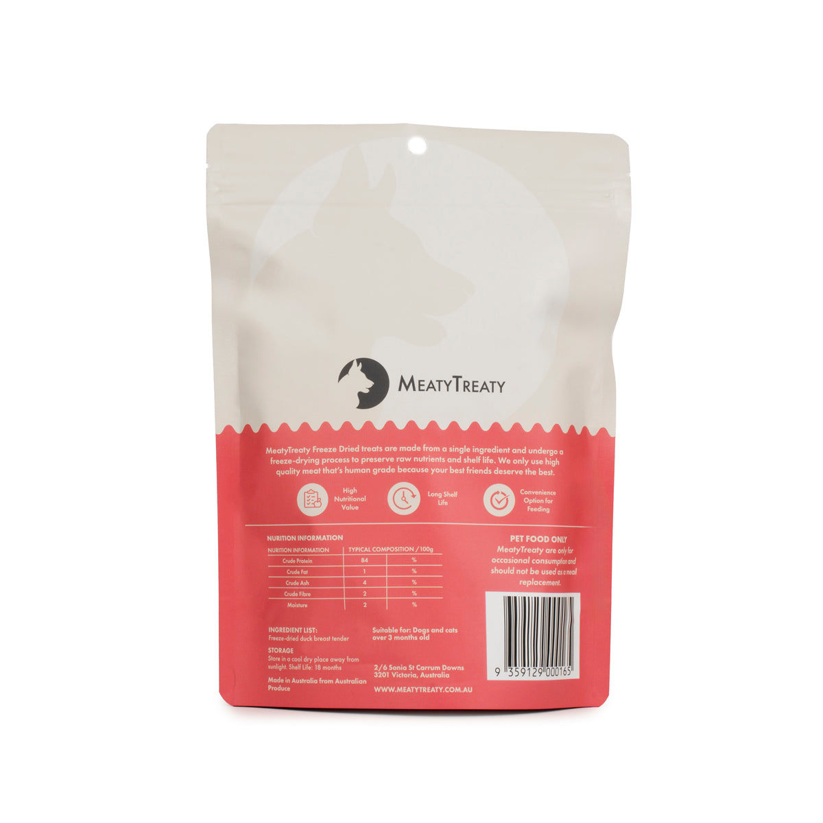 Meaty Treaty freeze-dried duck breast 50 g pack back with nutrition information and ingredients