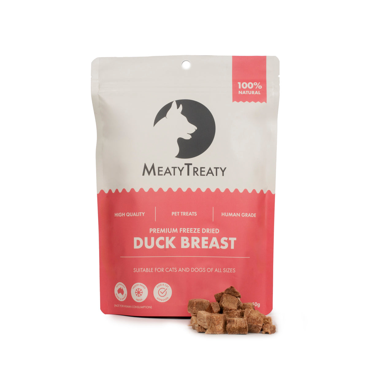 Meaty Treaty freeze-dried duck breast 50 g pack front with treats