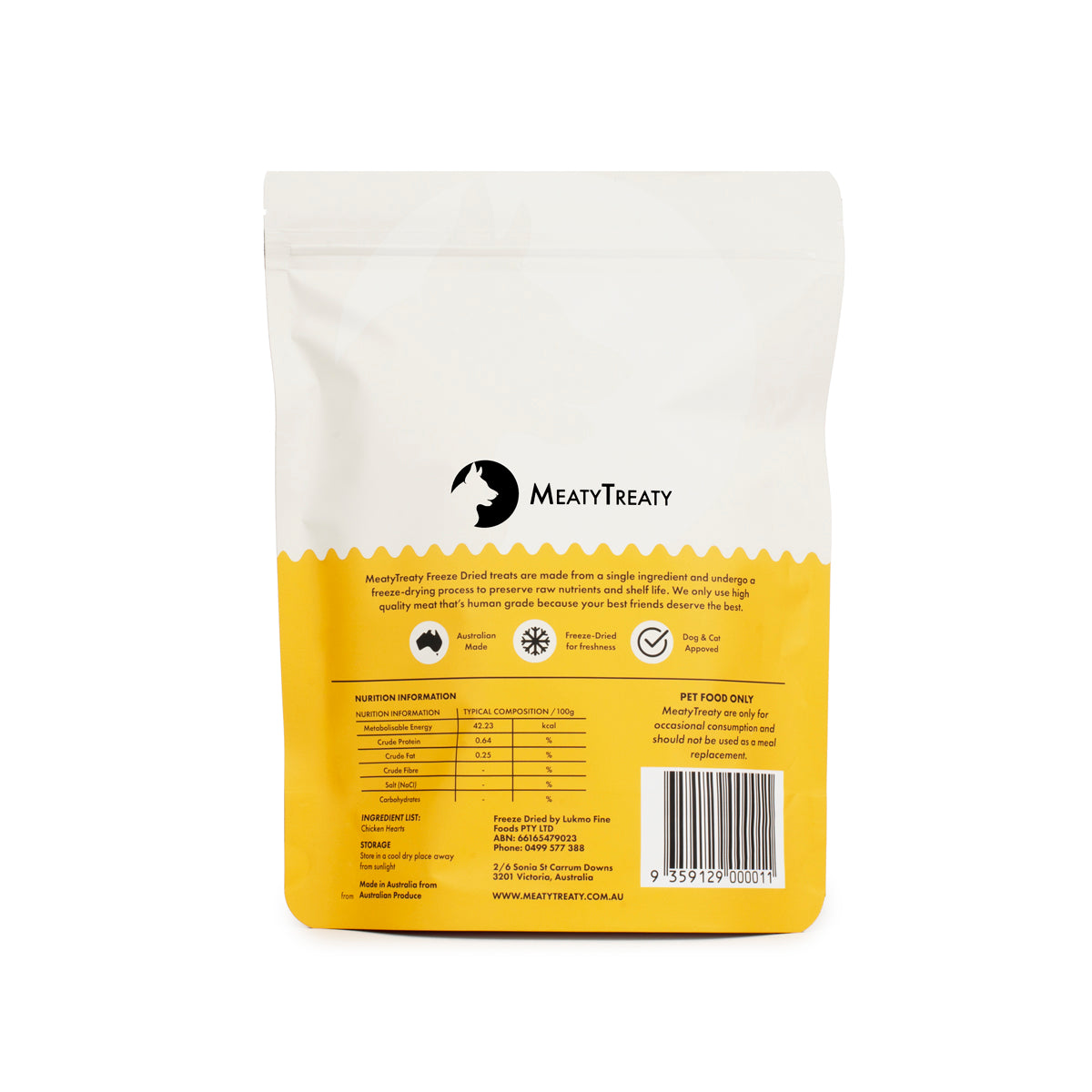 Meaty Treaty freeze-dried chicken hearts 100 g pack back with nutrition information and ingredients