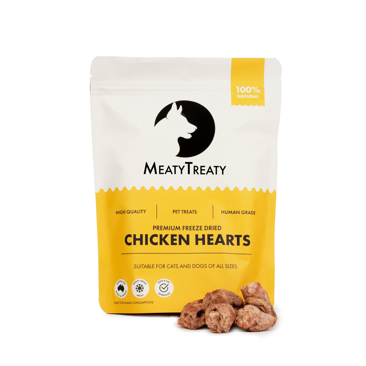Meaty Treaty freeze-dried chicken hearts 100 g pack front with treats