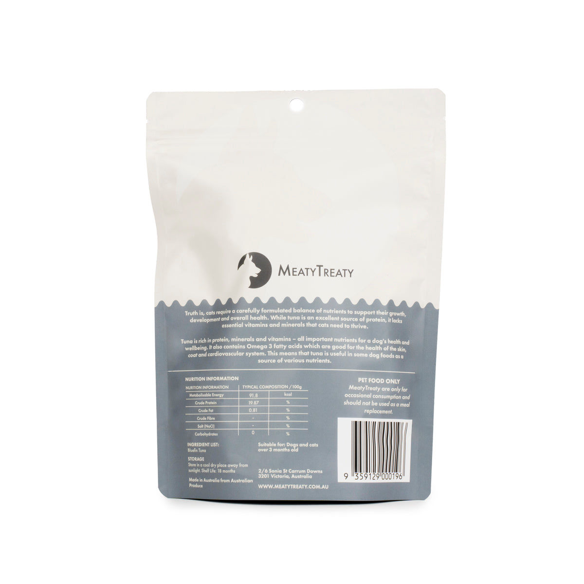 Meaty Treaty freeze-dried bluefin tuna 80 g pack back with nutrition information and ingredients