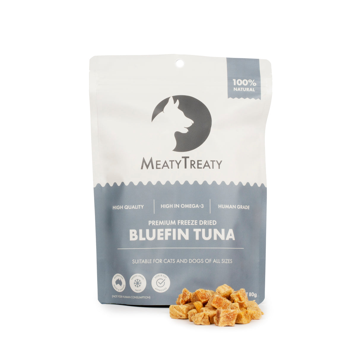 Meaty Treaty freeze-dried bluefin tuna 80 g pack front with treats