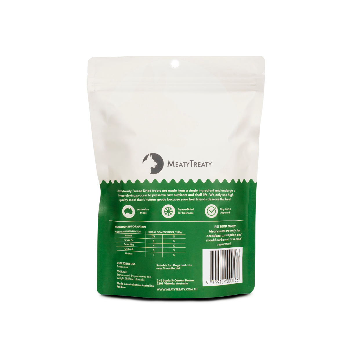 Meaty Treaty freeze-dried turkey meat 80 g pack back with nutrition information and ingredients