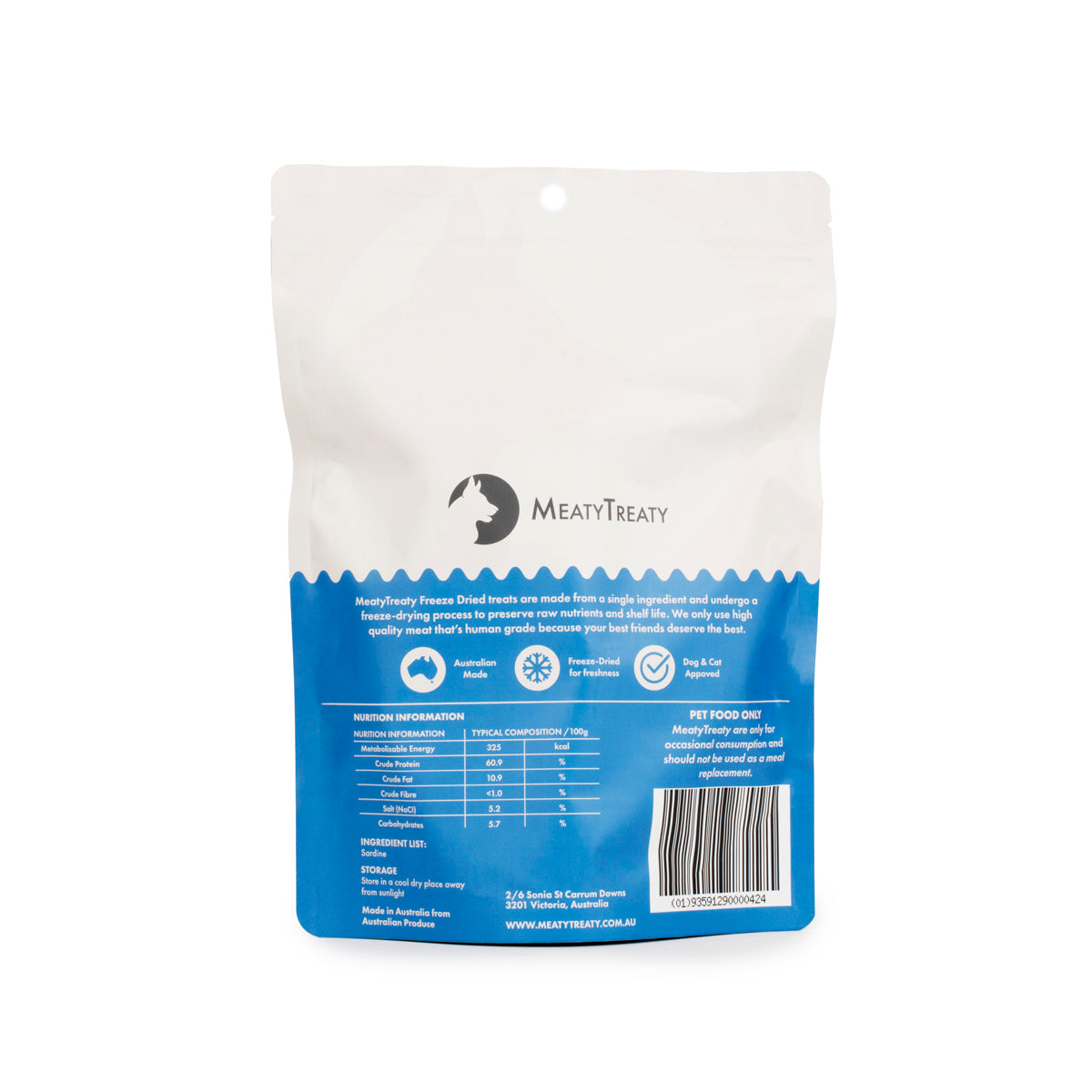 Meaty Treaty freeze-dried whole sardines 100 g pack back with nutrition information and ingredients