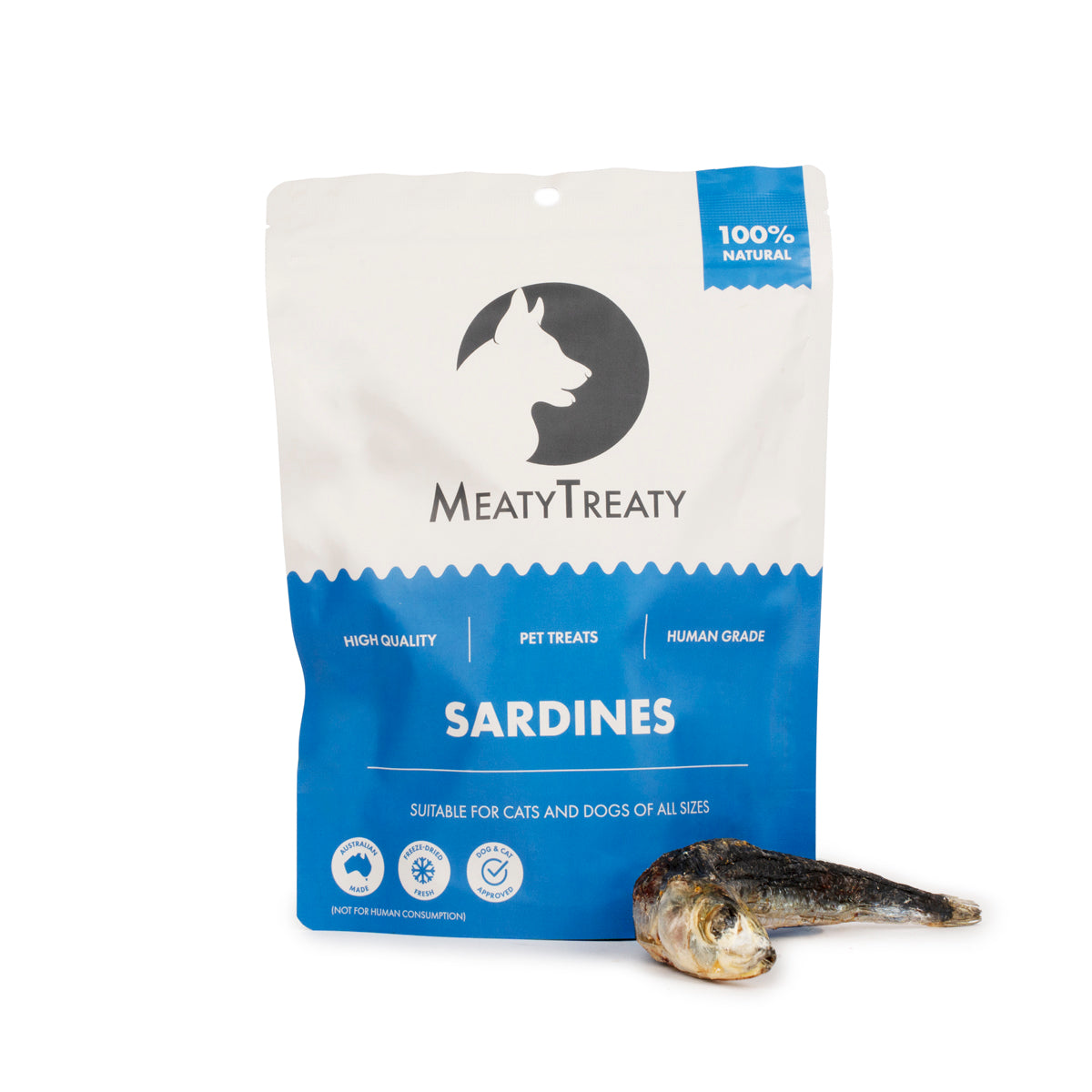 Meaty Treaty freeze-dried whole sardines 100 g pack front with treats