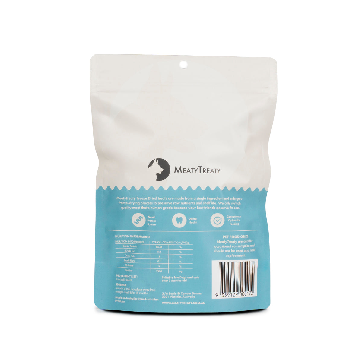 Meaty Treaty freeze-dried crocodile meat 50 g pack back with nutrition information and ingredients