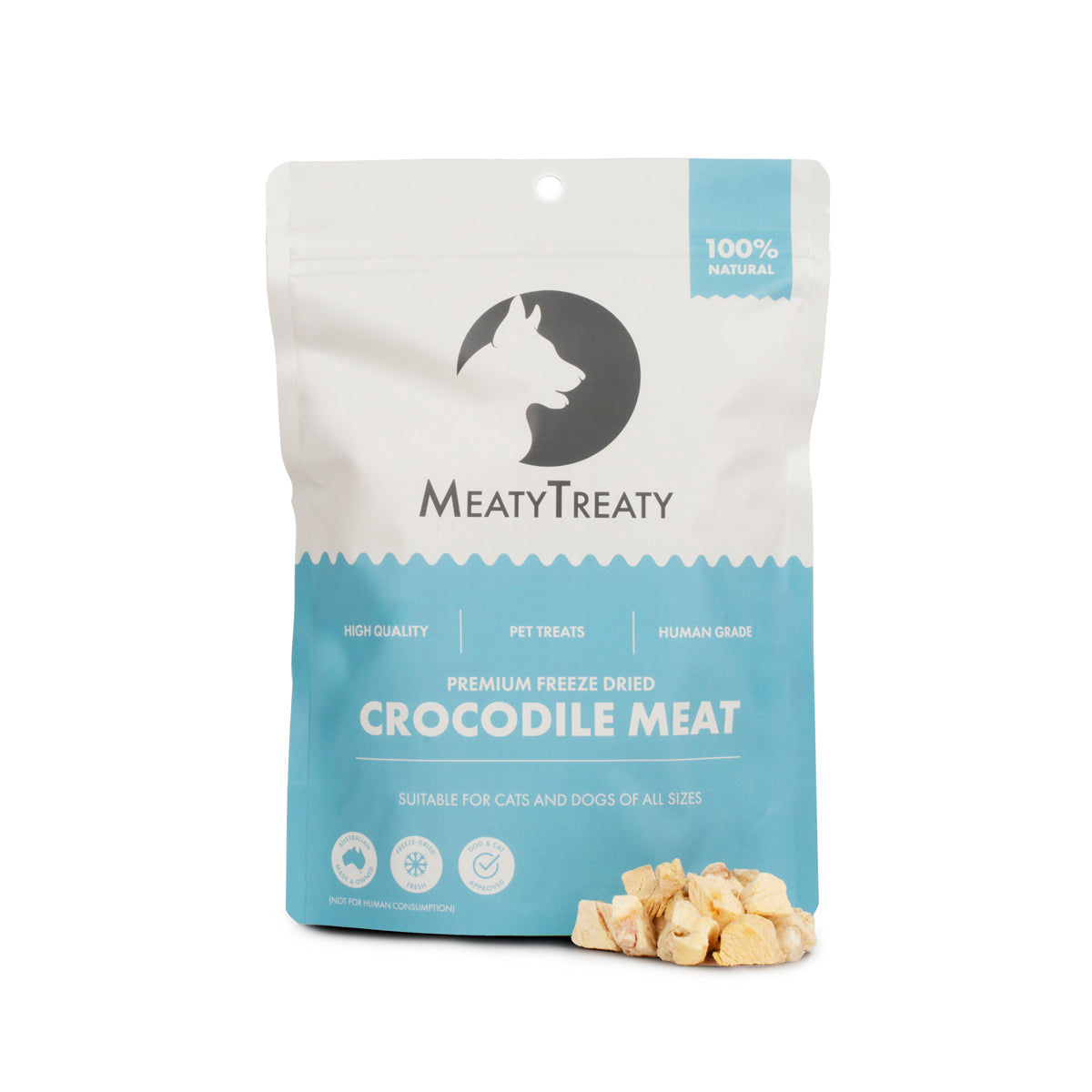 Meaty Treaty freeze-dried crocodile meat 50 g pack front with treats