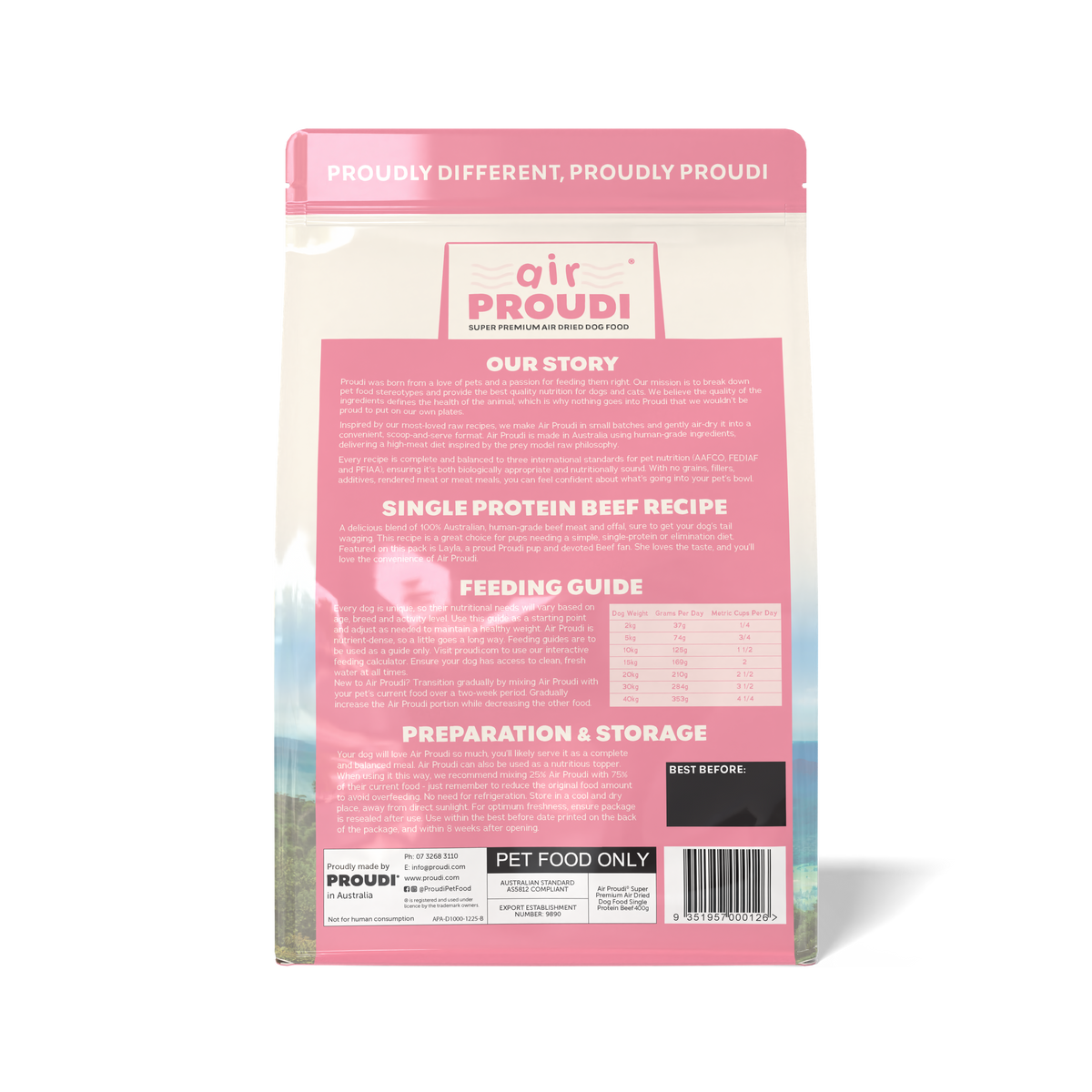 Air Proudi Single Protein Beef air dried dog food 400 g bag, back with recipe, feeding guide and storage information