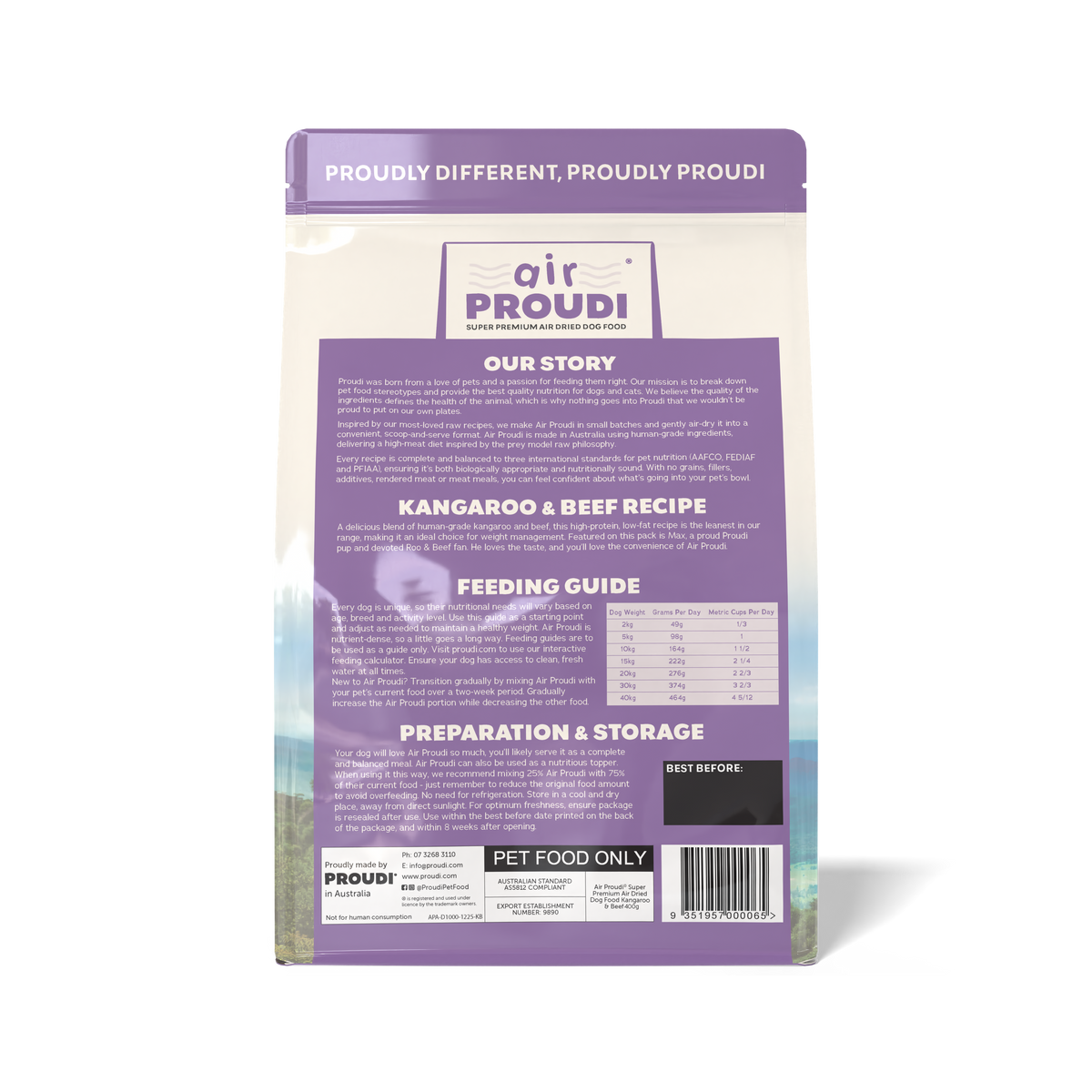 Air Proudi Kangaroo & Beef air dried dog food 400 g bag, back with recipe, feeding guide and storage information