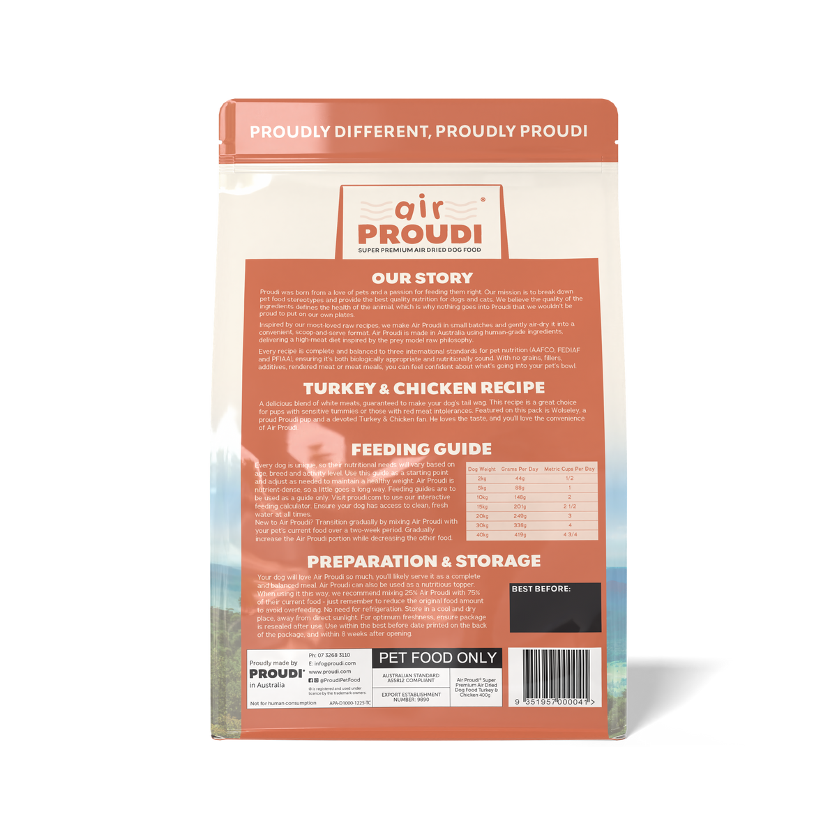 Air Proudi Turkey & Chicken air dried dog food 400 g bag, back with recipe, feeding guide and storage information