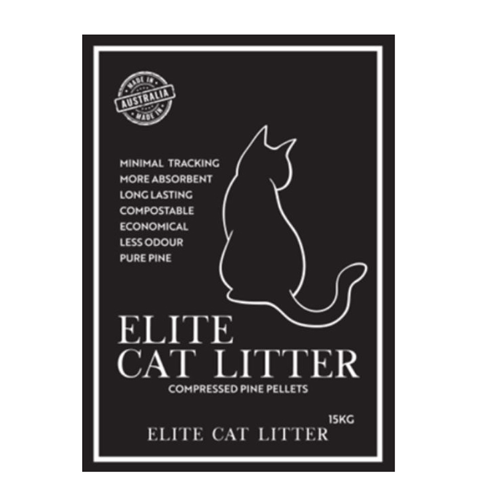 Elite Pine Wood Cat Litter 15KG bag front — Australian-made natural pine pellets cat litter with minimal tracking, high absorbency, and compostable design.
