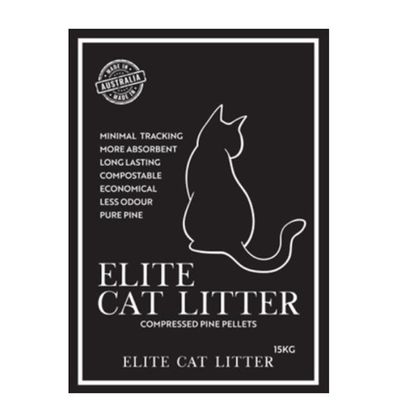 Elite Pine Wood Cat Litter 15KG bag front — Australian-made natural pine pellets cat litter with minimal tracking, high absorbency, and compostable design.