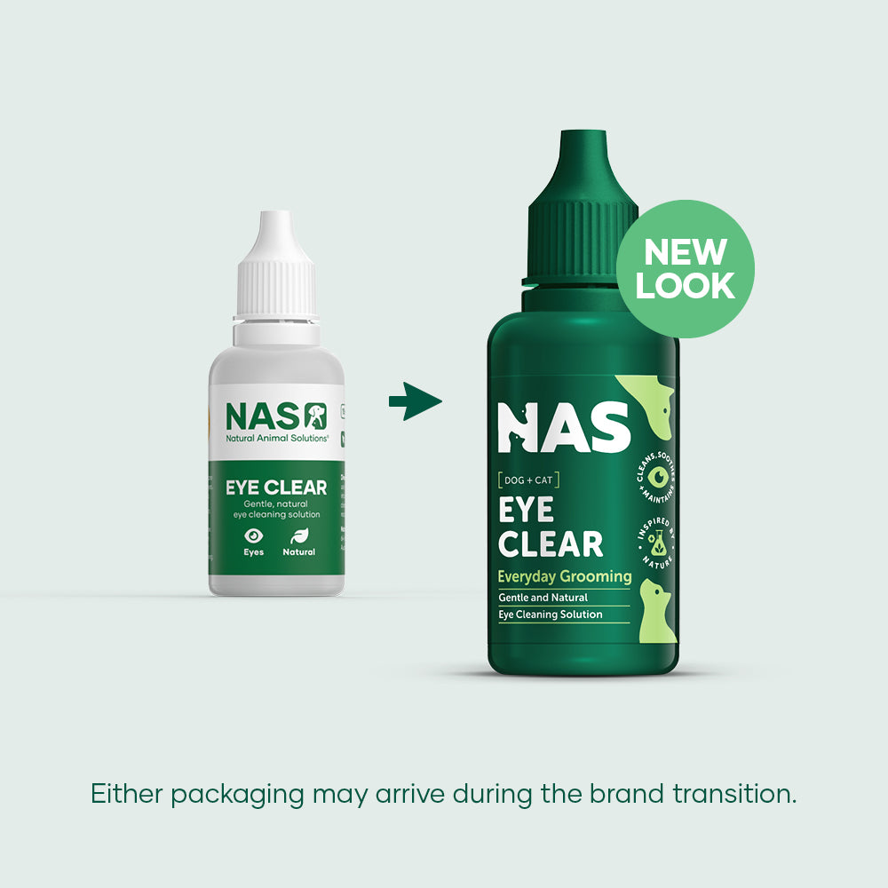NAS Eye Clear 15 mL old and new packaging side by side; either may arrive during the brand transition