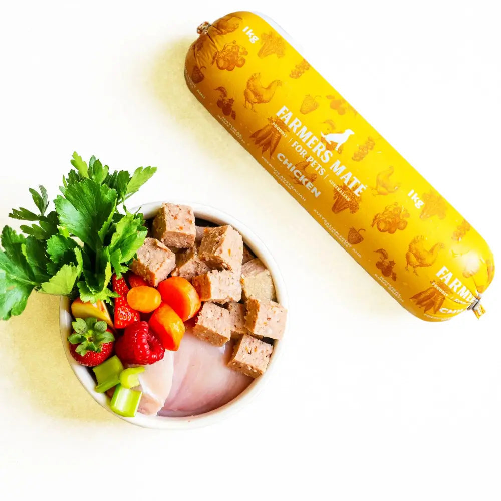 farmers mate for pets chicken roll ingredients and food display