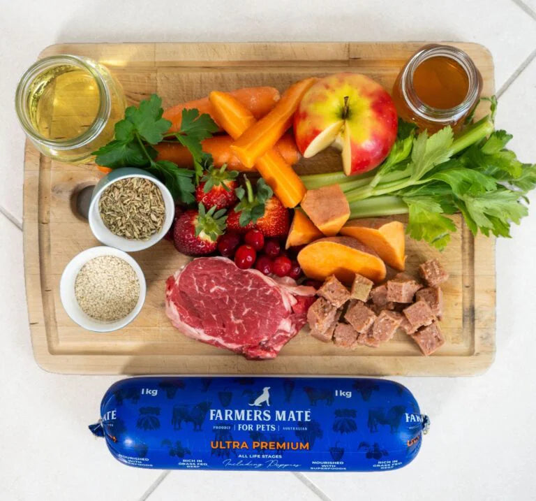farmers mate for pets ultra premium roll ingredients board display