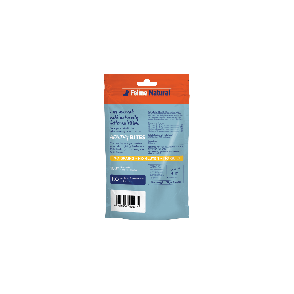 Feline Natural Cat Treats Freeze Dried Chicken Healthy Bites 50g back of packaging