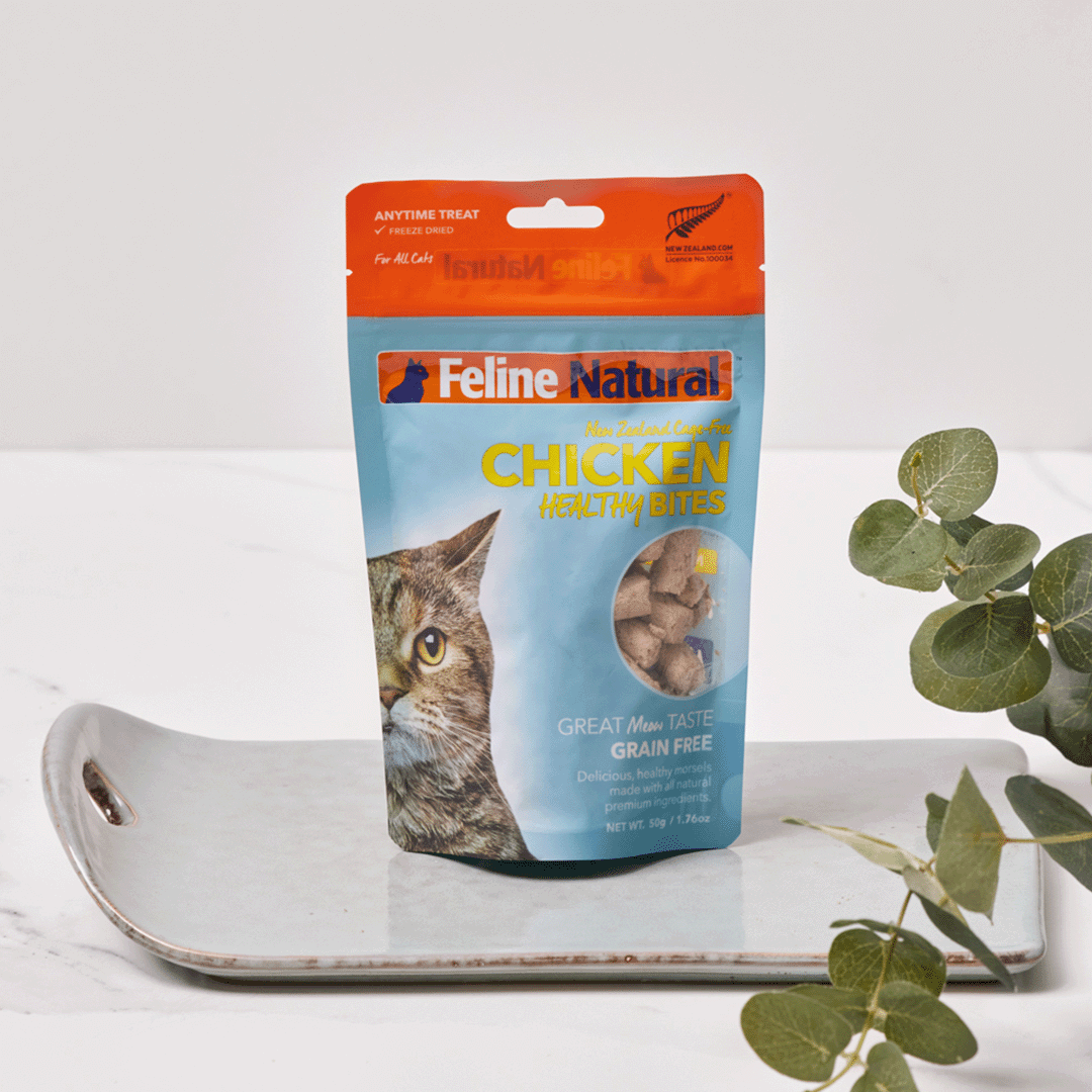Feline Natural Cat Treats Freeze Dried Chicken Healthy Bites 50g display on a plant