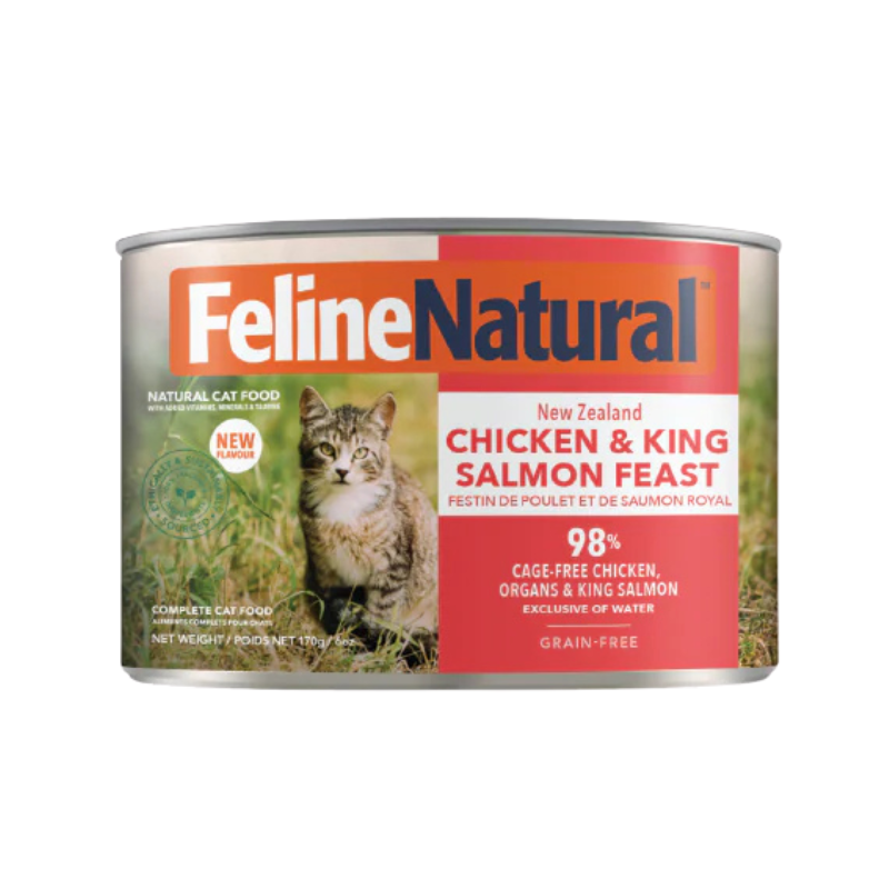 feline natural grain-free chicken and king salmon wet cat food front