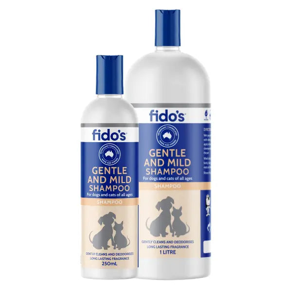 Fido's Gentle and Mild Shampoo for dogs and cats, shown in 250 mL and 1 litre bottles