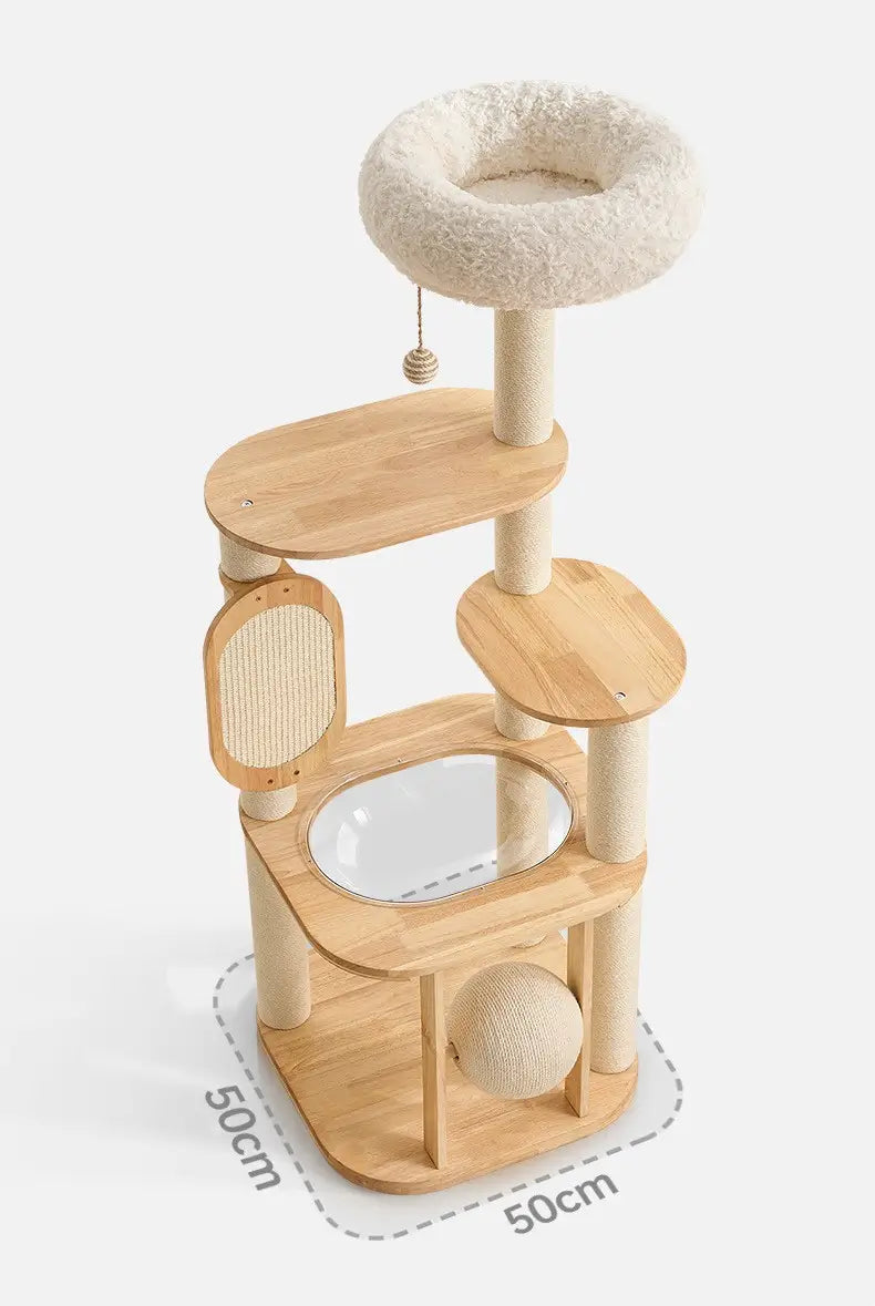 D01 139cm wooden cat tree with clear capsule bed, sisal scratching posts, plush top perch and 50 x 50cm wooden base.