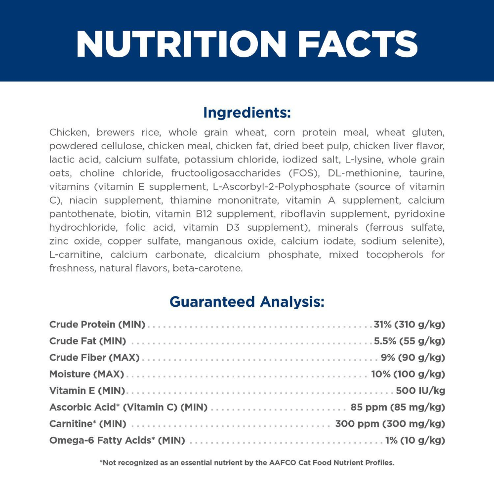 Hill's Science Diet Adult Light Chicken Dry Cat Food 3.5KG ingredients and guaranteed analysis