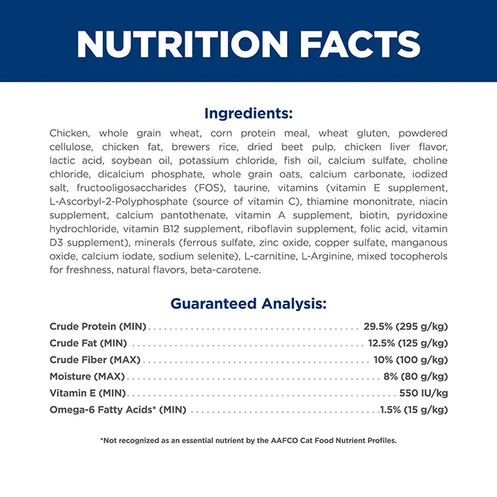 Hill's Science Diet Indoor Senior 7+ Cat Food 3.17kg ingredients and guaranteed analysis