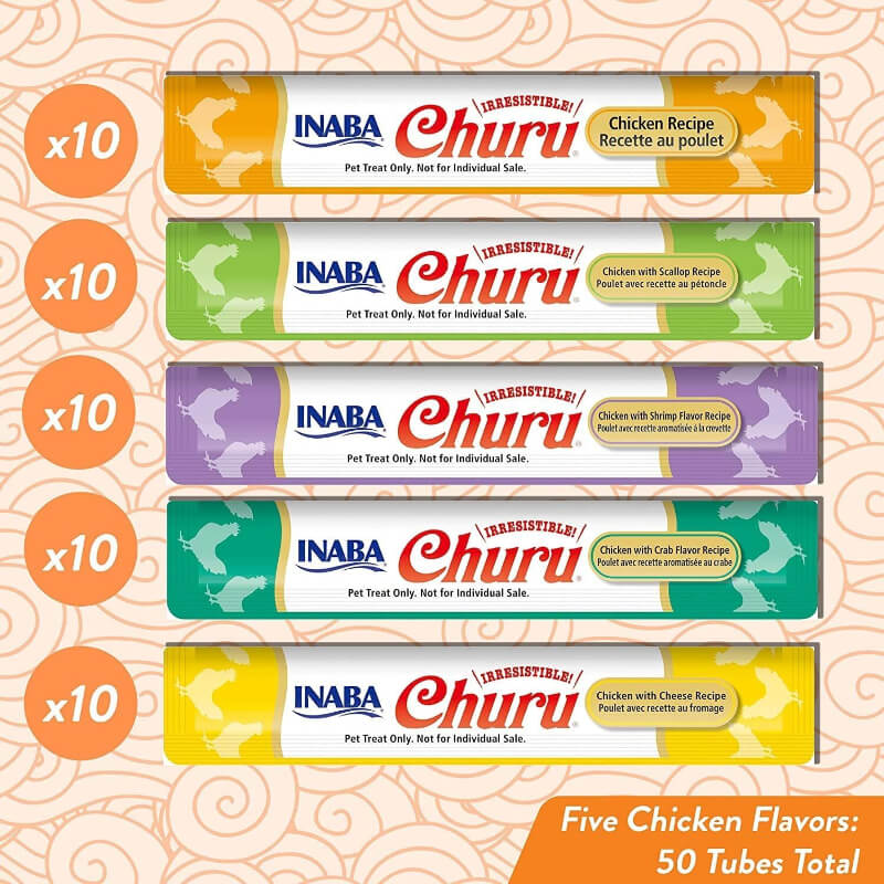 Five packages INABA Churu cat treats with different flavors on a patterned background.