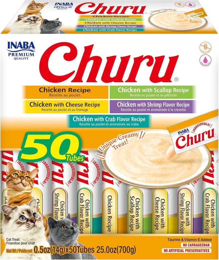 Box of INABA CHURU Puree Chicken cat treats featuring multiple flavors such as Chicken, Chicken with Scallop, Cheese, Shrimp, and Crab. The box contains 50 tubes of the treat puree.