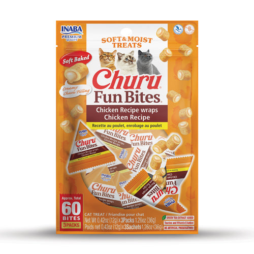 Packaging of INABA Churu Fun Bites chicken recipe wraps chicken recipe cat treats with images of cats on a white background