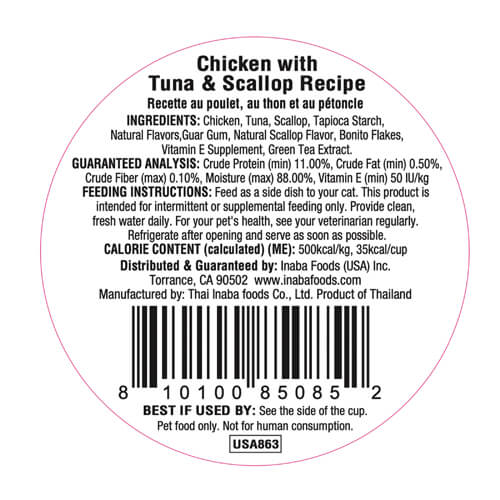 INABA Dashi Delights Chicken With Tuna & Scallop Recipe Cat Treats 70G information label