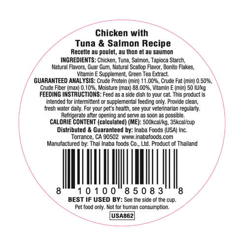 INABA Dashi Delights Chicken With Tuna & Salmon Recipe Cat Treats 70G information label