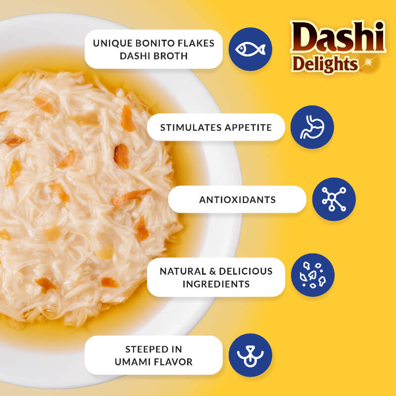 Dashi Delights product with text highlighting benefits on a yellow background