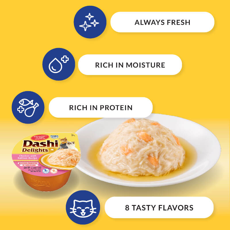 Dashi Delights pet food with four different features on a yellow background